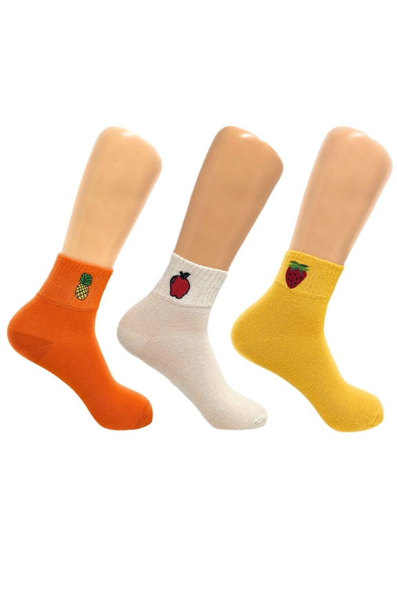 Women's Fruit Embroidered Ankle Socks - 3 Pairs Pack, Cotton Blend Low Cut Socks, Cute Mini Crew Socks