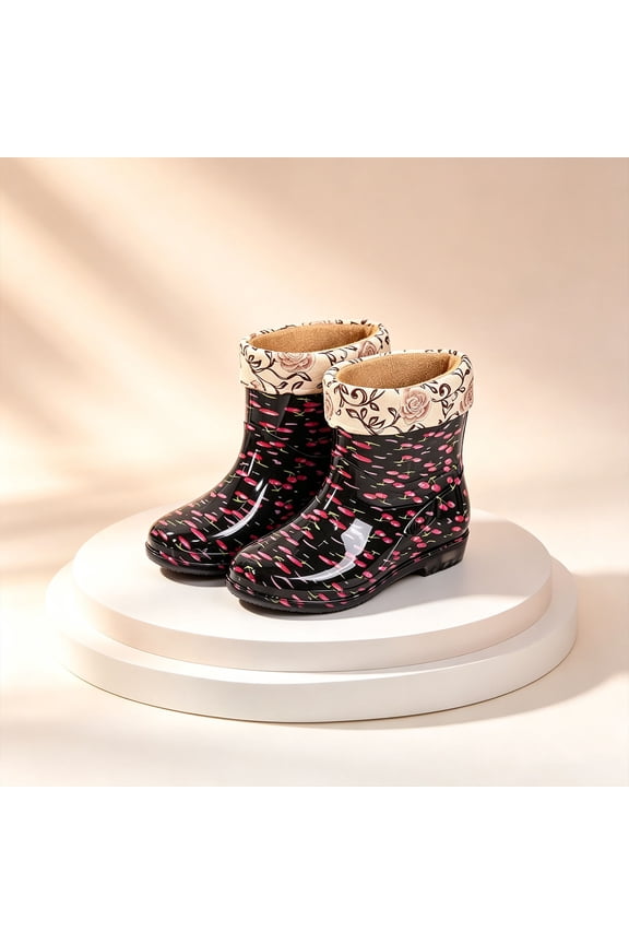Women’s Fruit Pattern Ankle Rubber Rain Boots, Waterproof Non-Slip Short Wellies with Removable Inner Lining for Garden & Outdoor Working Use Black 6.5
