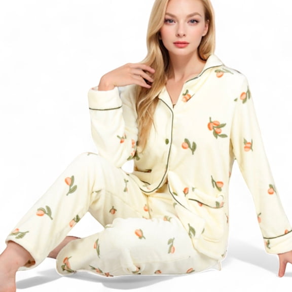 Women's Fruit Print 2-Piece Pajama Set with Soft Plush Fabric and Piping Trim Details - Small, Light Beige