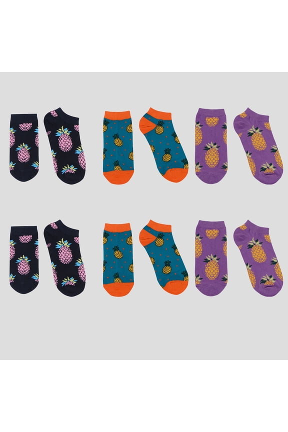 Women's Fruit Print No Show Socks Breathable Cotton 6pk- Pineapple