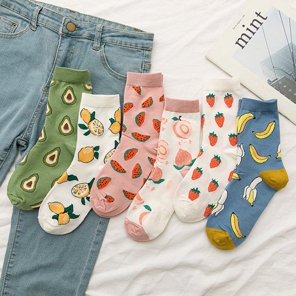Women's Fruit-themed Novelty Socks - Fun, Funky, and Cute Cotton Middle Tube Socks (/6 Pairs)
