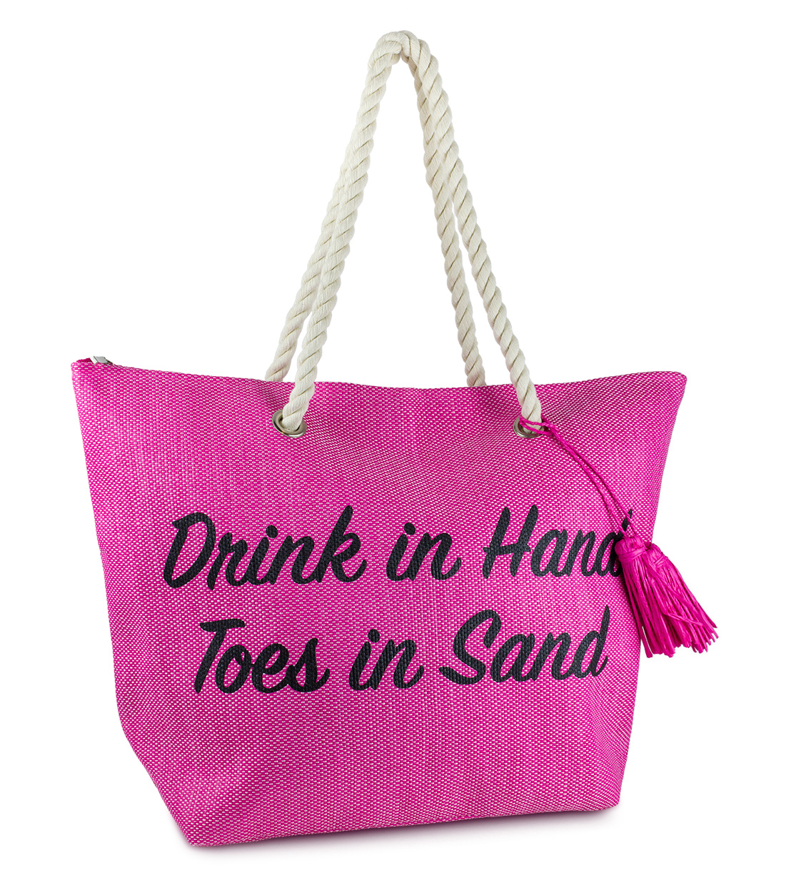 Women's Fuchsia Drink In Hand toes In Sand Straw Beach tote Bag with Tassel and Double Rope Handle - image 1 of 1