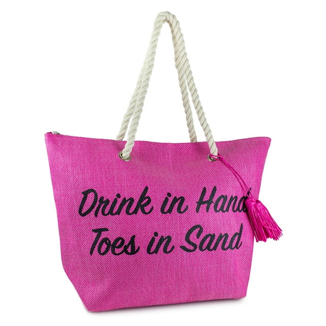 Women's Fuchsia Drink In Hand toes In Sand Straw Beach tote Bag with Tassel and Double Rope Handle