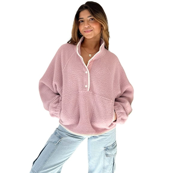 Women's Fuchsia Plush Sweatshirt with Stand Neck, Half Button, and Zipped Pockets | [ZhiHiMeRi] | (US 12-14)L