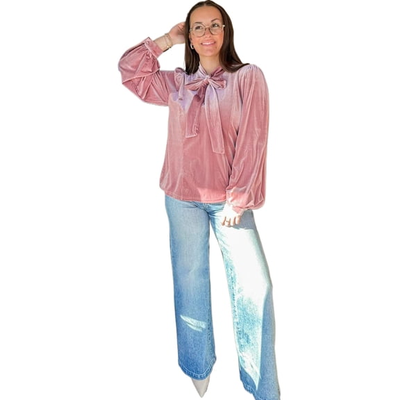 Women's Fuchsia Velvet Long Sleeve Blouse with Bow Knot – Elegant Office Attire for Professionals, XL