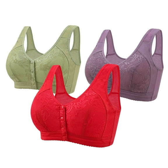 Women's Full Coverage Everyday Bras, 3 Pack Daisy Bras for Older Women Front Closure Cotton Comfortable Bra Plus Size No Underwire Front Snap Bra 38-50