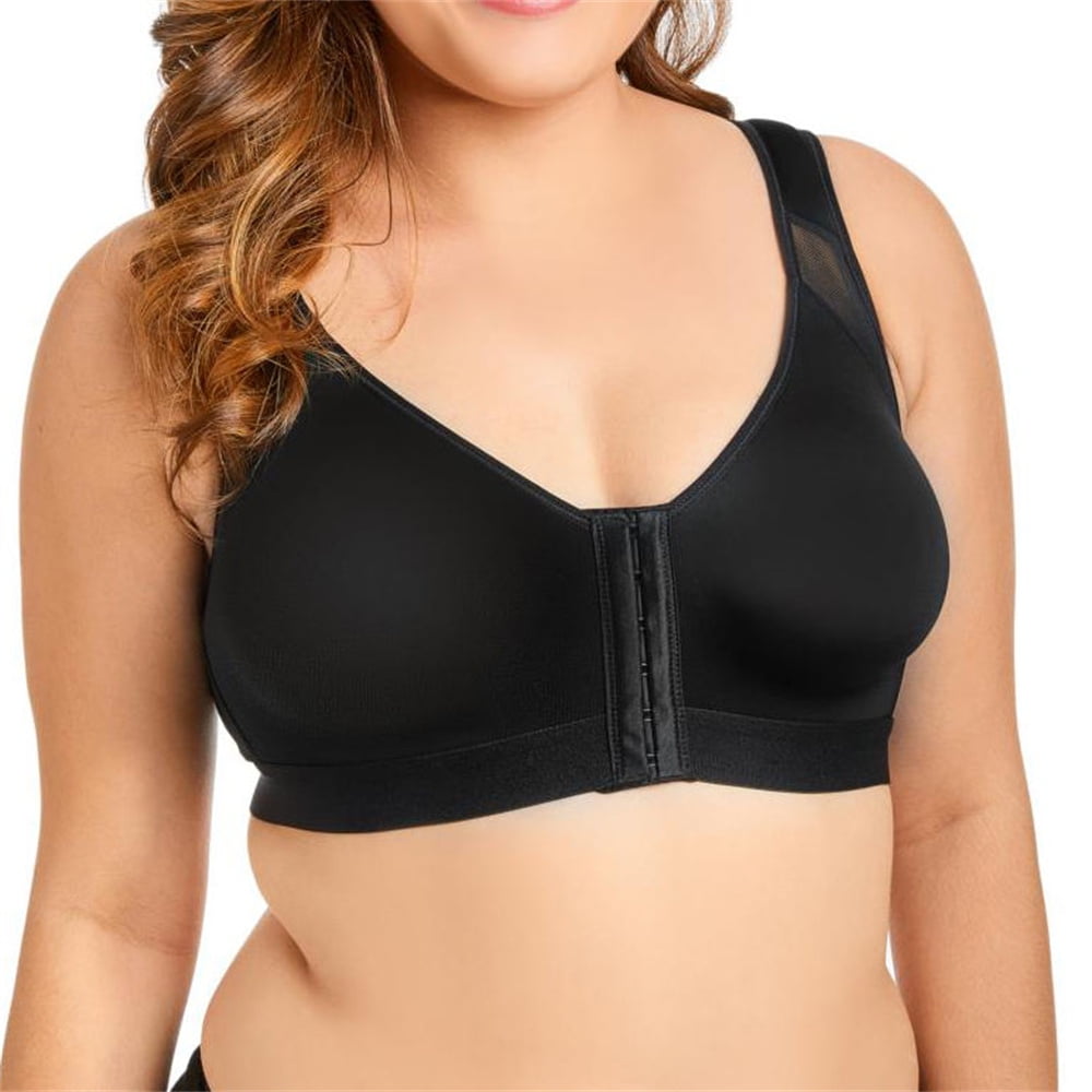  Womens Front Closure Bras Posture Full Coverage Plus Size  Underwire Unlined Back Support Plunge Seamless Bra B-H Cups Black 44C