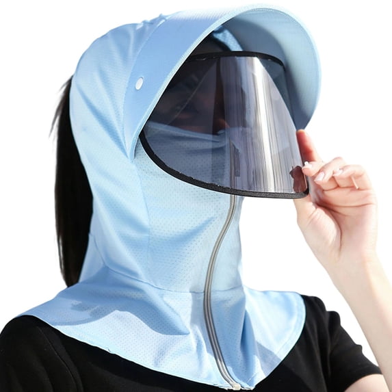 Women's Full Coverage Sun Protection Hood UV Shield with Removable Face Visor Neck Flap Blue Free Size