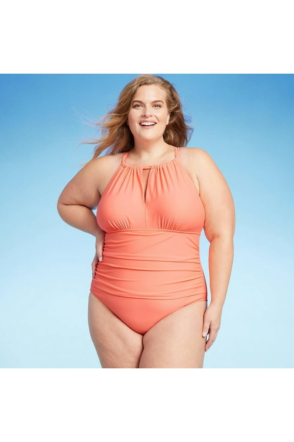 Women's Full Coverage Tummy Control High Neck Halter One Piece Swimsuit - Kona Sol Coral Pink 24