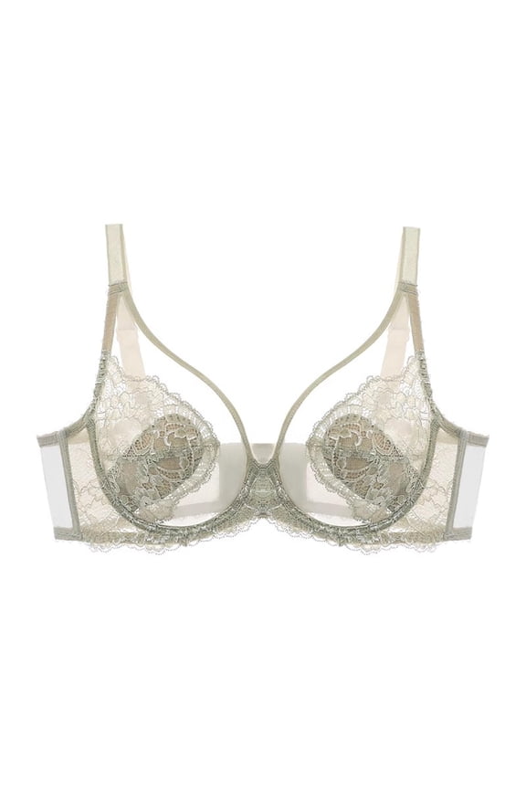 Women's Full Coverage Ultra-Thin Breathable Rabbit Ear Cup Bra, Lace Trim Plunge Bra for Large Bust Minimizing, Side Support Anti-Sagging & Underarm Fat Control