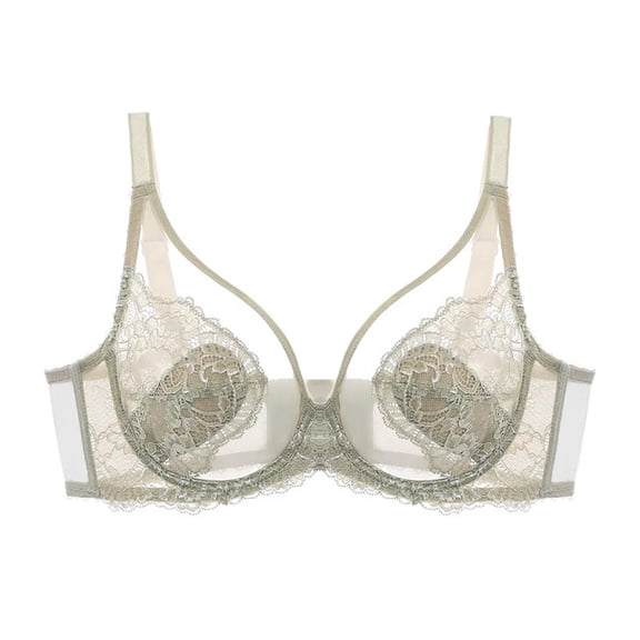 Women's Full Coverage Ultra-Thin Breathable Rabbit Ear Cup Bra, Lace Trim Plunge Bra for Large Bust Minimizing, Side Support Anti-Sagging & Underarm Fat Control