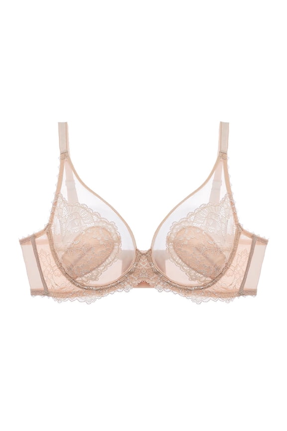 Women's Full Coverage Ultra-Thin Breathable Rabbit Ear Cup Bra, Lace Trim Plunge Bra for Large Bust Minimizing, Side Support Anti-Sagging & Underarm Fat Control