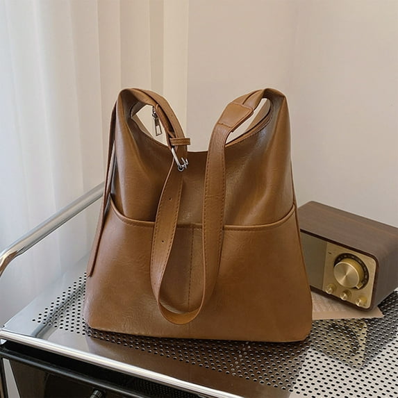Women's Full-Grain Leather Tote Bag with Shoulder Strap, Multipurpose Handbag for Travel, Work, and Shopping in Coffee