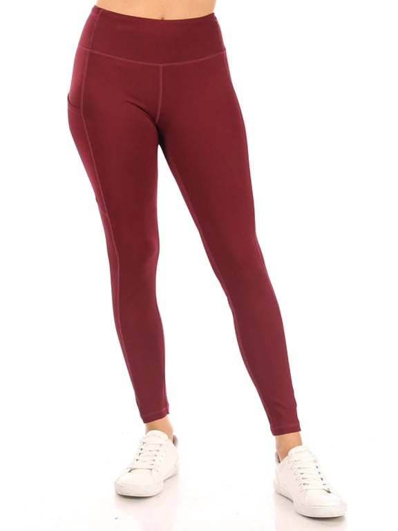 Women's Full Length Stretch High Waist Zip Pocket Workout Yoga Running Seamless Leggings Burgundy S