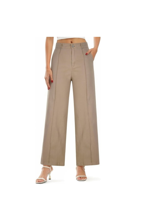 Women's Full Length Trousers High Waisted Slacks Trouser Wide Leg Dress Pants Seam Detail Business Casual Trousers with Pockets Beige M