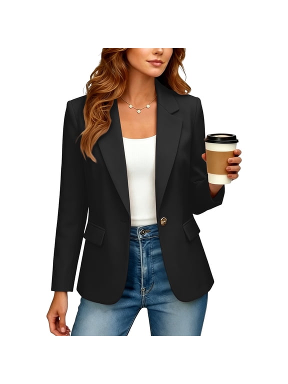 Women's Full Lined Blazer Single Button Notch Lapel Flap Pockets