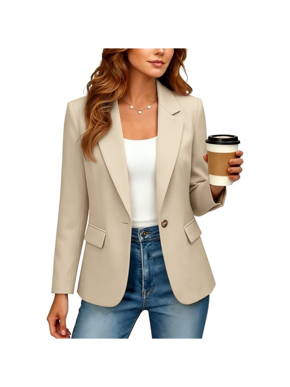 Women's Full Lined Blazer Single Button Notch Lapel Flap Pockets