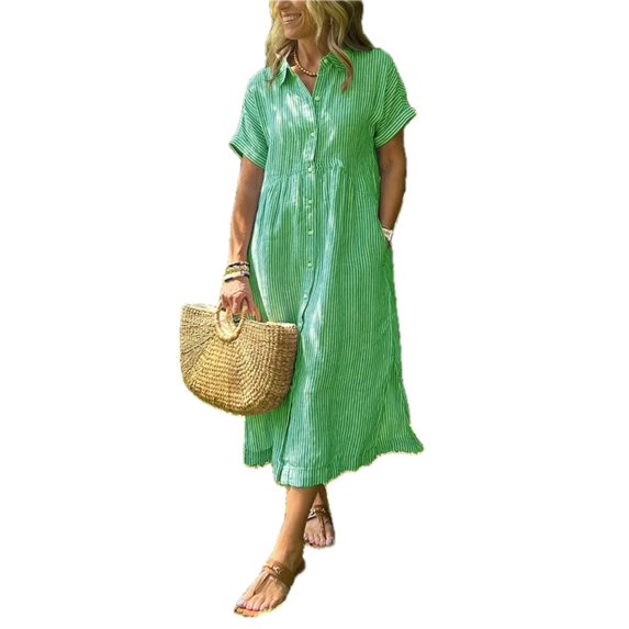 Women's Full Size Plus Size Striped Button Front Midi Dress with Pockets Not Lined 100% Polyester Comfortable Daily Wear