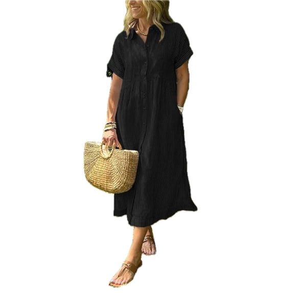 Women's Full Size Plus Size Striped Button Front Midi Dress with Pockets Not Lined 100% Polyester Comfortable Daily Wear