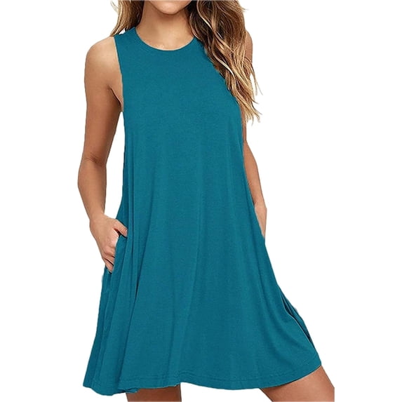 Women's Full Size Round Neck Sleeveless Dress with Pockets 95% rayon and 5% spandex for Everyday Casual Comfort