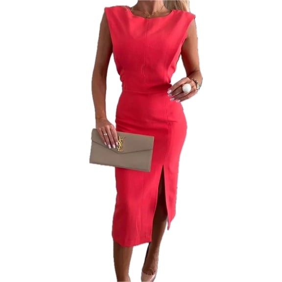 Women's Full Size Slit Round Neck Sleeveless Dress Plus Size Polyester % Fabric for Comfort and Style Across All Seasons