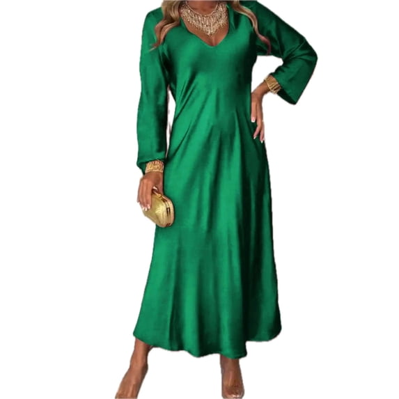 Women's Full Size V Neck Long Sleeve Midi Dress 95% Polyester 5% Spandex Not Lined Classic Everyday Easy Care Wear
