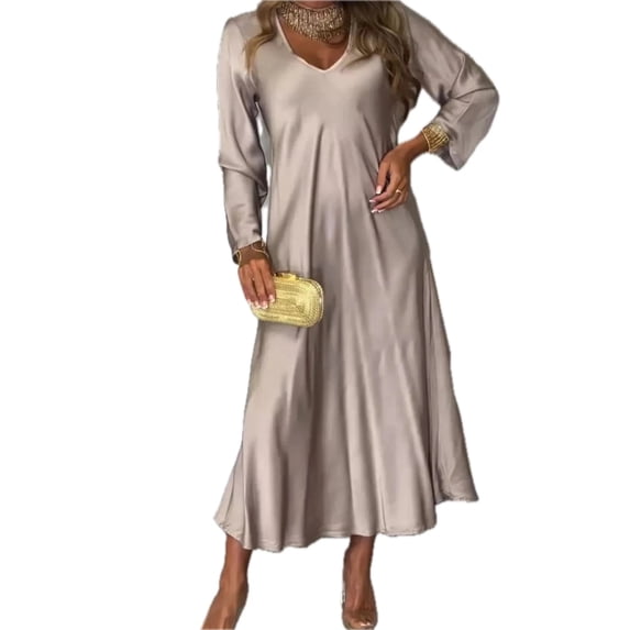 Women's Full Size V Neck Long Sleeve Midi Dress 95% Polyester 5% Spandex Not Lined Classic Everyday Easy Care Wear