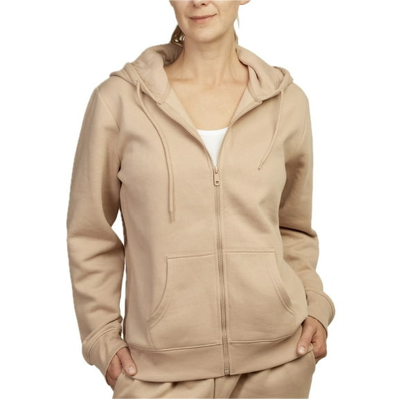 Women’s Full Zip Cotton Fleece Hooded Sweatshirt (Sand, Small)