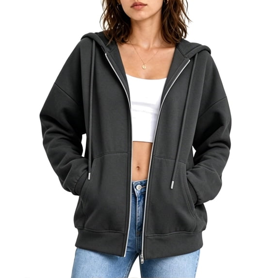 Women's Full Zip Fashion Hoodie, Oversized Long Sleeve Hooded Sweatshirt with Pockets, Casual Cute Zip Up Hoodies, Dark Gray, XL