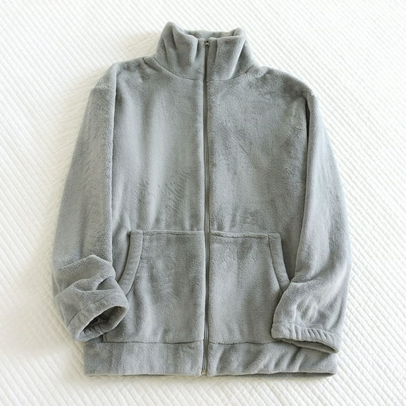 Women's Full Zip Flannel Jacket Fuzzy Fleece Pajama Tops Long Sleeve Warm Winter Sleepwear Coat with Pockets New Fleece Sleepwear for Women Gray XL