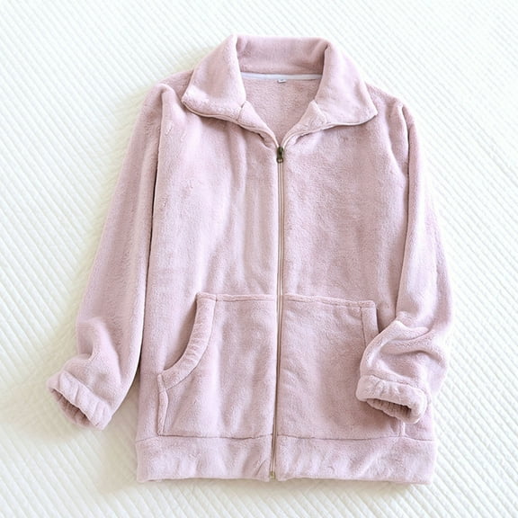 Women's Full Zip Flannel Jacket Fuzzy Fleece Pajama Tops Long Sleeve Warm Winter Sleepwear Coat with Pockets New Women Fleece Pajamas Tops Pinky M