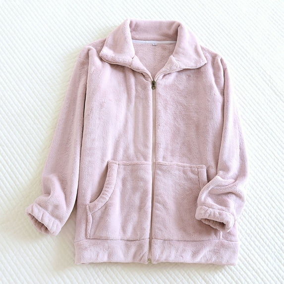 Women's Full Zip Flannel Jacket Fuzzy Fleece Pajama Tops Long Sleeve Warm Winter Sleepwear Coat with Pockets New Women's Nightshirt Pinky XL