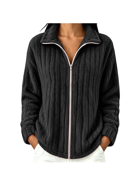 Women's Full Zip Fleece Jacket Loose Fit Cable Knit Textured Hoodless Sweatshirt with Pockets Warm Winter Fall Casual Outerwear