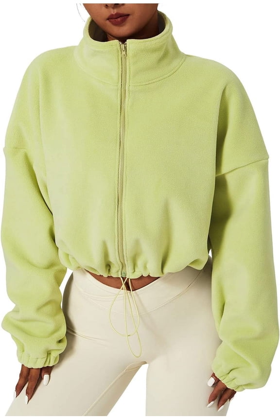 Women's Full Zip Fleece Short Jacket Warm Winter Long Sleeve Stand Collar Sherpa Crop Coat