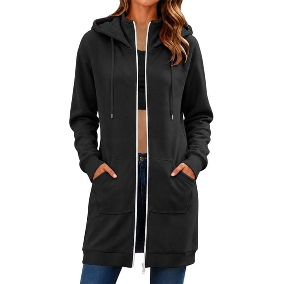 Women's Full-Zip Hooded Mid-Long Fleece-Lined Outerwear Ghalytn Long Sleeve Casual Coat with Front Pockets