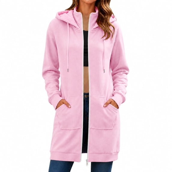 Women's Full-Zip Hooded Mid-Long Fleece-Lined Outerwear Ghalytn Long Sleeve Casual Coat with Front Pockets