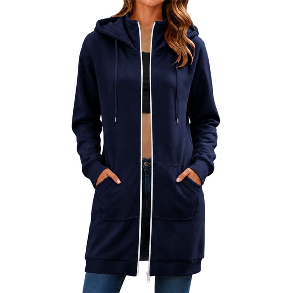 Women's Full-Zip Hooded Mid-Long Fleece-Lined Outerwear Ghalytn Long Sleeve Casual Coat with Front Pockets