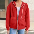 thumbnail image 1 of Women's Full Zip Hooded Sweatshirt with Drawstring, Soft Cotton Blend Casual Pullover with Front Pockets, Oversized Streetwear Jacket for Autumn Winter, Lounge Wear and Daily Activities Red M, 1 of 6