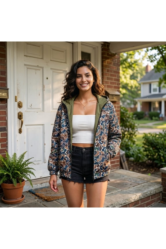 Women's Full Zip Hooded Windbreaker Jacket - Abstract Camo Print Lightweight Casual Coat with Pockets (Olive/Brown)