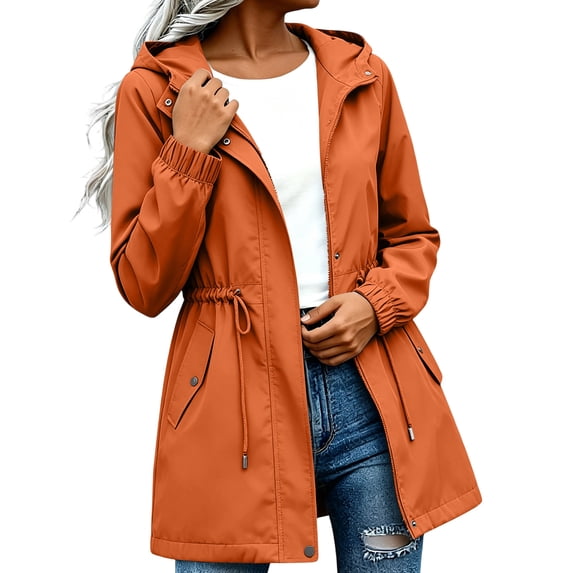 Women's Full Zip Hooded Windbreaker Jacket Waterproof Long Sleeve Rain Coats Fall Winter Hiking Travel Longline Mid Thigh Drawstring Waist Outerwear