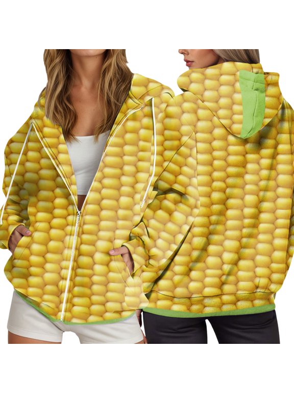 Women's Full Zip Hoodie Corn All Over Print Long Sleeve Tops