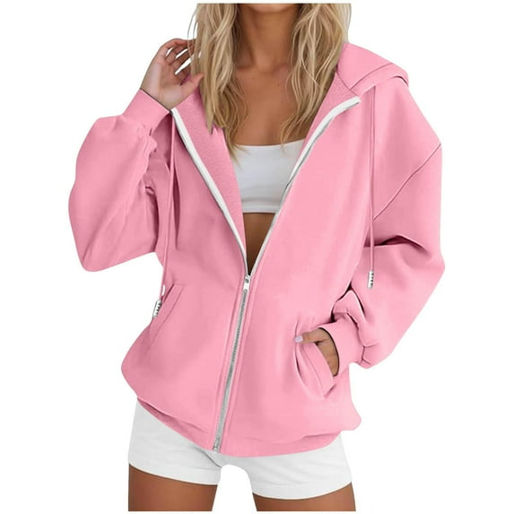 Women's Full Zip Up Hoodie Long Sleeve Hooded Sweatshirts with Pockets Jacket Coat for Women Drawstring Hood Solid Color Athletic Jacket Women Lightweight Casual Hooded Fall Clothing