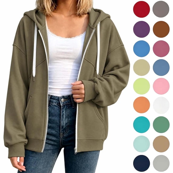 Women's Full Zip Hoodie, Oversized Long Sleeve Hooded Sweatshirt with Pockets, Casual Lightweight Zip Up Jacket