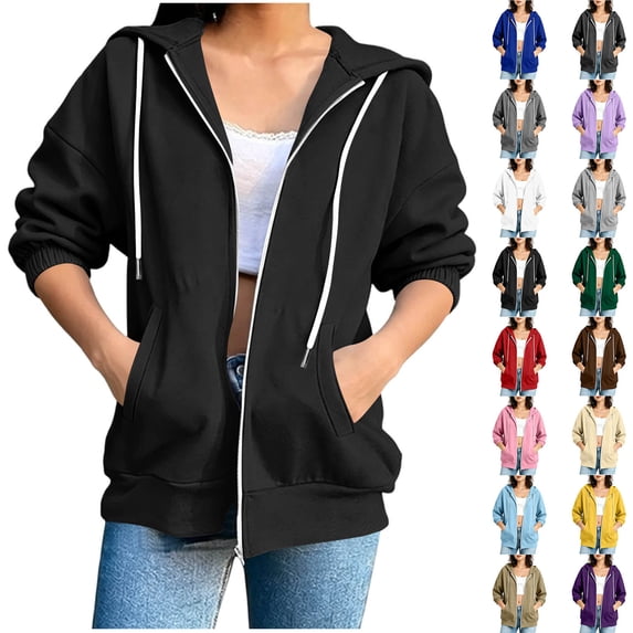Women's Full Zip Hoodie Sweatshirt Casual Drawstring 3/4 Elastic Cuff Long Sleeve Hooded Sweatshirt with Kangaroo Pockets