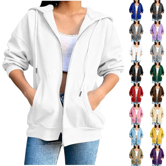 Women's Full Zip Hoodie Sweatshirt Casual Drawstring 3/4 Elastic Cuff Long Sleeve Hooded Sweatshirt with Kangaroo Pockets