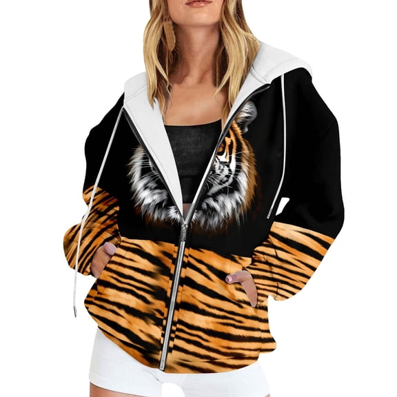 Women's Full Zip Hoodie Tiger Portrait Allover Print Long Sleeve Jacket