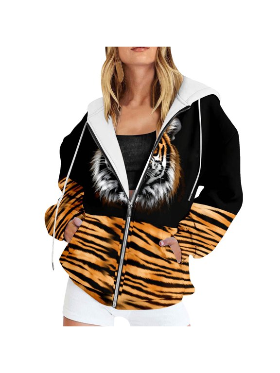 Women's Full Zip Hoodie Tiger Portrait Allover Print Long Sleeve Jacket
