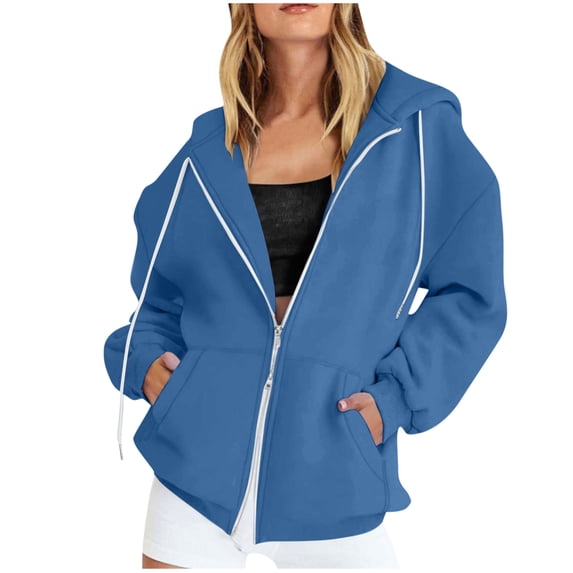 Women's Full Zip Up Hoodies Fashion Double Zipper Hooded Sweatshirts Fall Long Sleeve Jackets Solid Color Loose Comfortable Outdoor Vacation Coat Outwears for Women