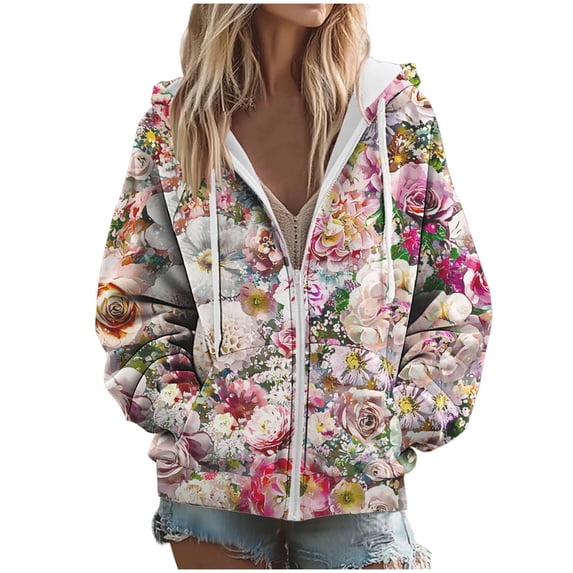 Women's Full Zip Hoodies Trendy Floral Printing Casual Hooded Sweatshirts Long Sleeve Hooded Jackets Tops Loose Sweatshirt Outwears Fashion Outfits Fall Winter Clothes