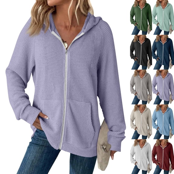 Women's Full Zip Up Hoodies Waffle Knit Long Sleeve Sweatshirt Tops | Essentials Hoodie, Fall Fashion Clothes 2026, Oversized Hooded Tops, Jacket Coat for Women Purple XXL